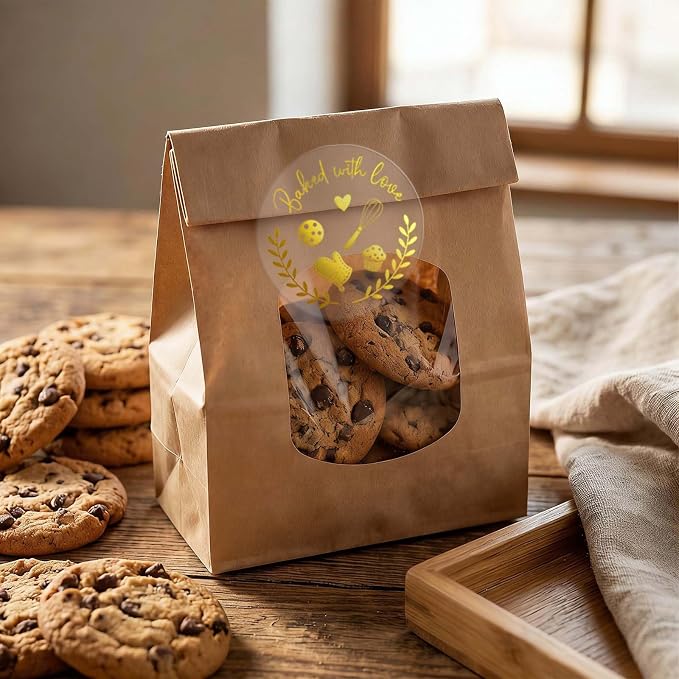 100PCS Baked with Love Stickers 1.6" Round Gold Foil Baking Labels for Cookies, Candy Table, Bakery Packaging, Unique Touch to Your Business and Homemade Cookies, Dessert Table Decor (Gold)