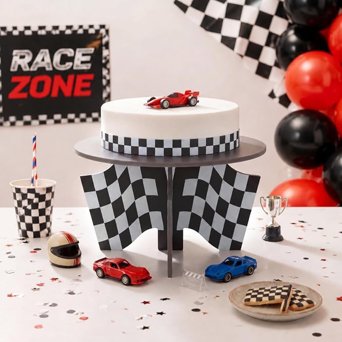 Lallisa 12" Racing Car Theme Cake Stand Black 3D Racing Party Decorations with Black and White Checkered Flag Base PVC Dessert Holder Centerpieces for Two Fast Theme Birthday Party Supplies