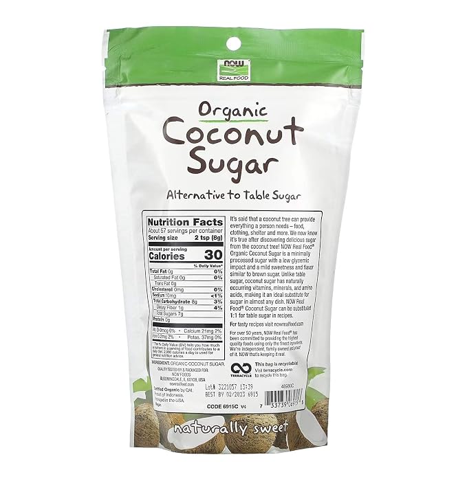 NOW Foods, Certified Organic Coconut Sugar, Alternative to Table Sugar, Low Glycemic Impact, from Sustainably Harvested Coconuts, Certified Non-GMO, 16-Ounce (Packaging May Vary) (Pack of 2)