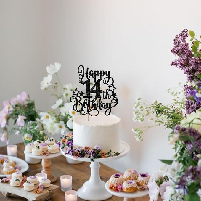 1 PCS Happy 14st Birthday Cake Topper Glitter Cheers to 14 Years Birthday Cake Pick Hello 14 Fabulous Cake Decoration for Happy 14st Birthday Anniversary Party Decorations Supplies Black