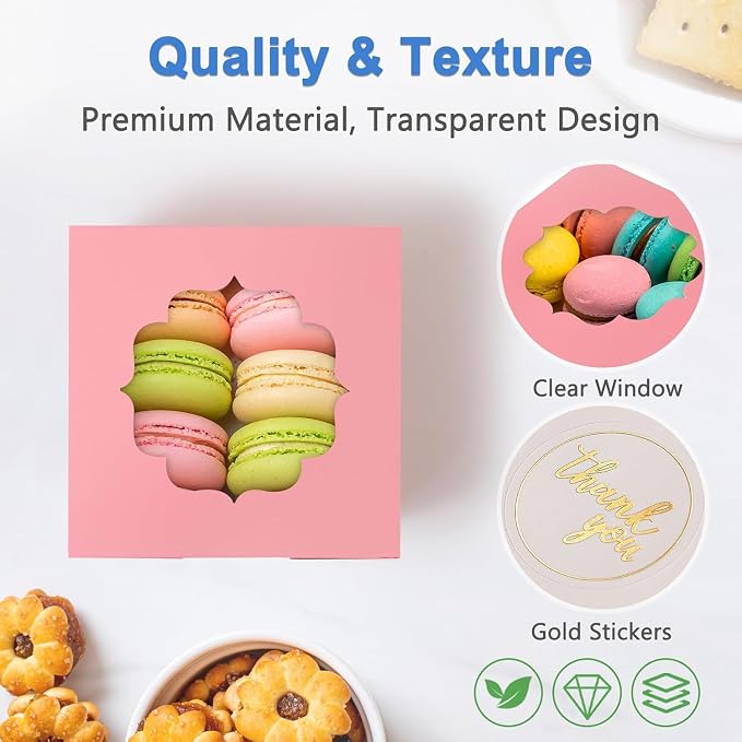 4-Inch Small Cookie Boxes 25 Pcs Pink - Bakery Treat Boxes with Window for Barbie Favor To-go Containers for Cake Slice, Macarons, Donuts 4x4x2.5