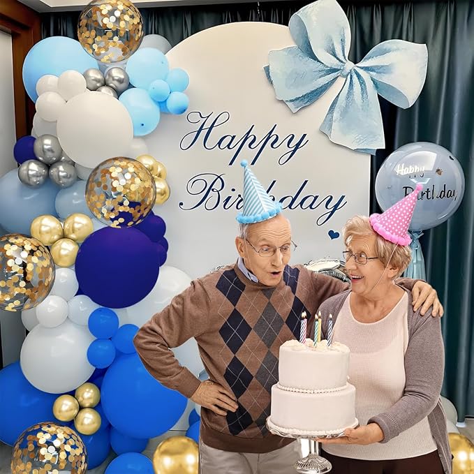 MEBAY Navy Blue White Gold Balloon Garland Arch Kit, 147PCS Royal Dark Pastel Blue White Gold Balloons with Confetti for Birthday Party Baby Shower Wedding Graduation Decorations