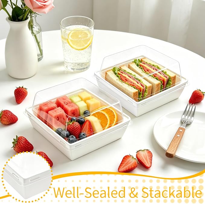 Nexboraque 100 Pack Small Charcuterie Boxes with Clear Lids, 5 Inch White Disposable Paper Bakery Dessert Sandwich Box Mini to Go Food Containers for Cookie, Sushi, Cake Slice, Muffins