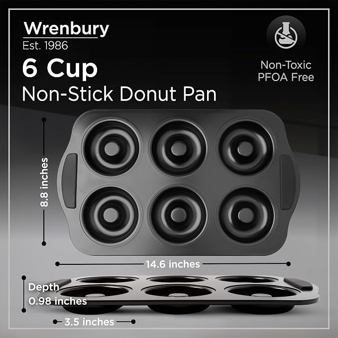 Wrenbury Donut Pan for Baking 6 Cup Set of 2 - Doughnut Mold Baking Tray | Large Carbon Steel Bagel Molds - 3.5” Cup - Easy Clean