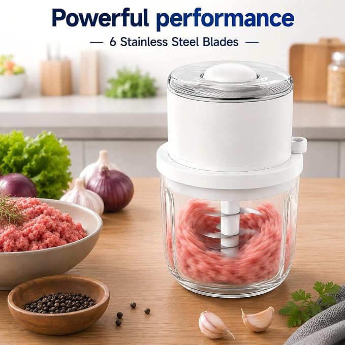 Electric Garlic Chopper,350ML Mini Food Processor,Thick Glass Bowl Mini Chopper,Portable Vegetable Chopper with Upgraded 6 Stainless Steel Blades,Onion Mincer Grinder for Garlic,Chili,Ginger,Nuts