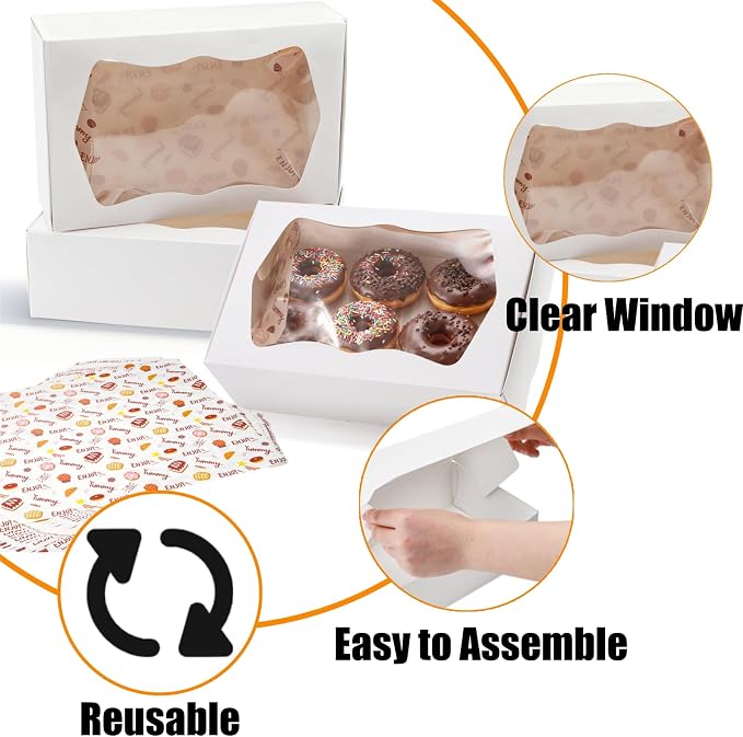 30 Pack Bakery Boxes with Window, 9.5"×6"×3" Cookies Box with Wax Paper, Paperboard Pie Cake Treat Boxes with 30 Stickers, Bakery Gift Box Container for Dessert Mini Cake Pastry Birthday