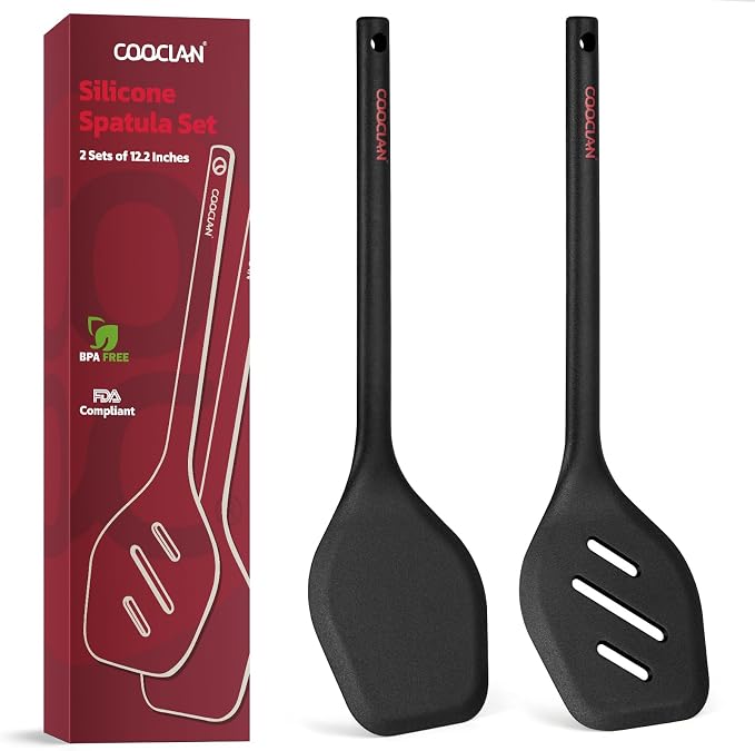 Pack of 2 Silicone Spatula Set, Durable One-Piece Design Heat Resistant BPA-Free Silicone Kitchen Spatulas for Non-Stick Pans, Solid & Slotted Spatula Turner Ideal for Flipping, Frying, Black