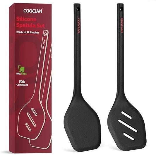 Pack of 2 Silicone Spatula Set, Durable One-Piece Design Heat Resistant BPA-Free Silicone Kitchen Spatulas for Non-Stick Pans, Solid & Slotted Spatula Turner Ideal for Flipping, Frying, Black
