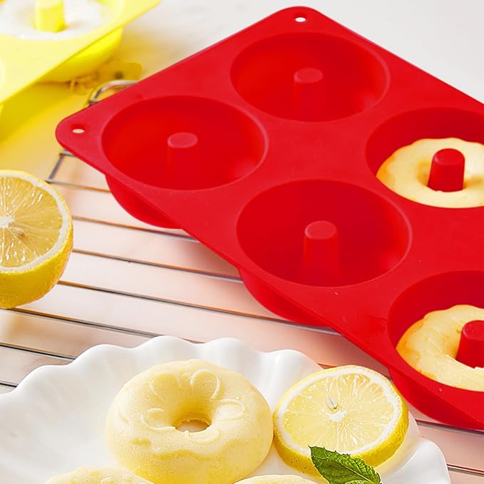 2er Pack Silicone Donut Mold - Non-Stick Silicone Doughnut Pan DIY Chocolate Baking Cookie Molds, Heat Resistant, Make Donut Cake Biscuit Bagels, BPA Free Dishwasher Safe (red, 6 Cavities)