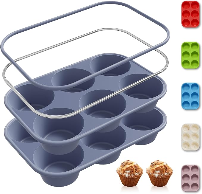 Socisen 2 Pack 6 Cups Silicone Jumbo Muffin Pan with Metal Reinforced Frame Silicone Molds for Baking Cupcake Cake Baking Pans Muffin Tin Tart Pans Baking Set for Easter Christmas holiday Cookie Tin
