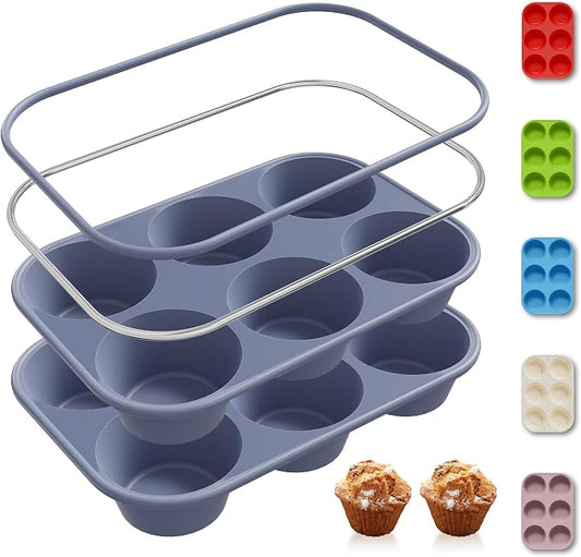 Socisen 2 Pack 6 Cups Silicone Jumbo Muffin Pan with Metal Reinforced Frame Silicone Molds for Baking Cupcake Cake Baking Pans Muffin Tin Tart Pans Baking Set for Easter Christmas holiday Cookie Tin