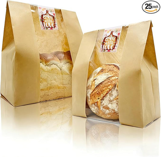 16"X10"X5" Extra Large Paper Bread Bags for Homemade Bread with Window & Sticker for xl Sourdough Bread, Very Wide Bread Loaf, Baked Goods, Packaging for Gifting - Brown Kraft 25Pcs