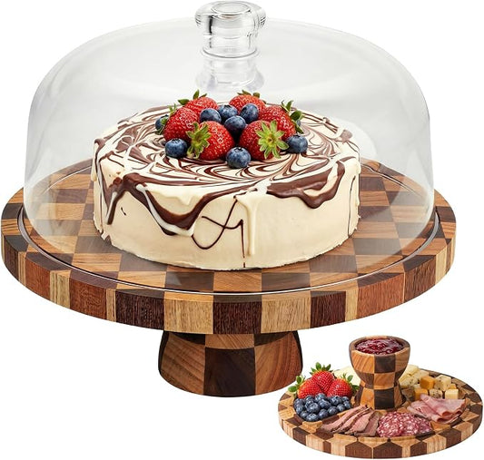 Metflavor Cake Stand with Dome Lid - 12in Wooden Cake Stand with Shatterproof Acrylic Dome, 2-in-1 Dessert Display & Charcuterie Board, Checkered Platter for Serving Cupcakes, Cheese and Fruits
