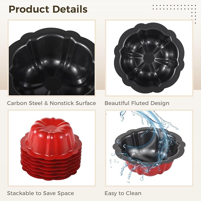 Homaisson 10PCS Mini Fluted Tube Pan, 4.5Inch Carbon Steel Mini Cake Molds, Nonstick Reusable Oven Baking Mold for Cupcake, Bread, Bavarois, Brownie (red)