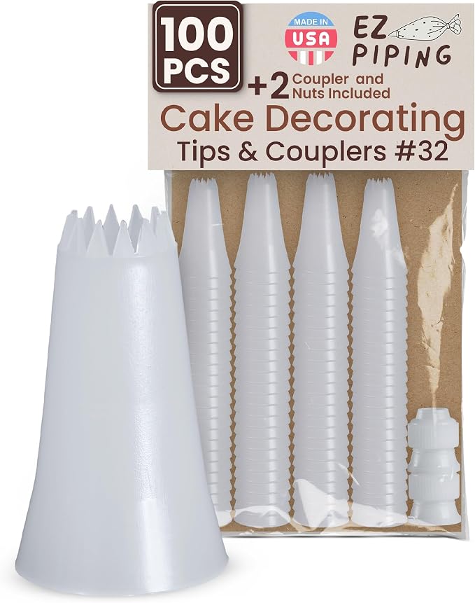 Reusable Plastic Piping Tips Standard Size Star Tip #32 100 Pack with 2 Couplers Icing Nozzles for Cake Decoration Dessert Design Baking Supplies and Piping Bags Base Ø 0.75" Height 1.25"