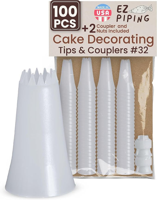 Reusable Plastic Piping Tips Standard Size Star Tip #32 100 Pack with 2 Couplers Icing Nozzles for Cake Decoration Dessert Design Baking Supplies and Piping Bags Base Ø 0.75" Height 1.25"