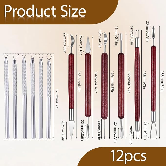 12 PCS Clay Carving Tools, Double-Sided Clay Sculpting Tools Wooden Handle Clays Wire Loop Sculpture Set Clays Pottery Sculpting Tool Set for Ceramic, Carving Modeling