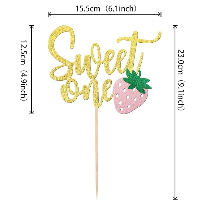 1 PCS Strawberry Sweet One Cake Topper Glitter First Birthday Strawberry Cake Pick for Sweet Fruit Theme Baby Shower Kids Birthday Party Cake Decorations Supplies Gold