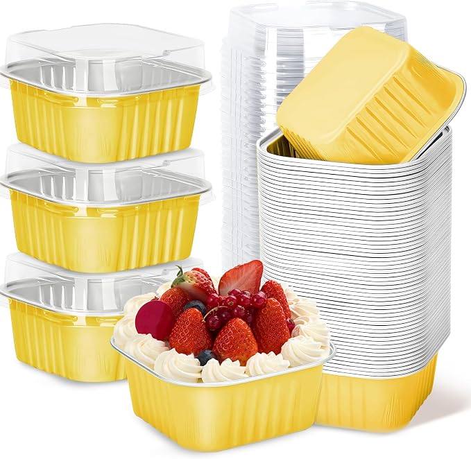 60Pack 5oz Gold Mini Cake Pans with Lids Baking Cups Aluminum Foil Pans Tins, Individual Dessert Cups Containers for Sales,Party,Picnics