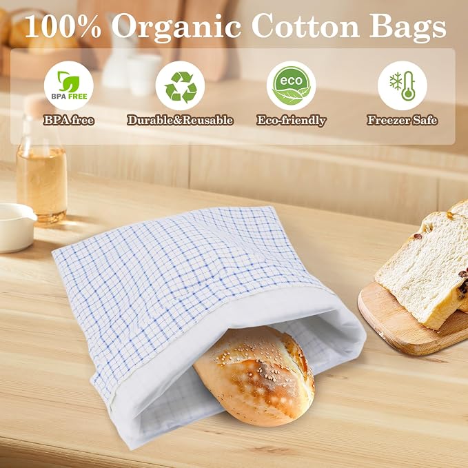 Reusable Bread Bags for Homemade Bread with TPU Lining & Proofing Bowl Cover, Organic Cotton Sourdough Bread bags for Baker Lovers(checker)