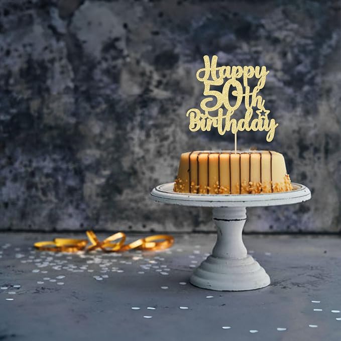 Gyufise 1Pc Happy 50th Birthday Cake Topper Glitter 50 & Fabulous Cheers to 50 Years Old 50th Birthday Cake Pick for Celebrating 50th Birthday Anniversary Party Cake Decorations Gold