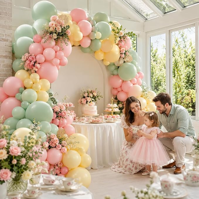 Pink and Green Balloon Arch Kit, 122Pcs Dusty Green Macaron Pink Yellow Matte Balloons for Girls Flower Birthday Bridal Wedding Engagement Floral Baby Shower Anniversary Tea Party Decorations