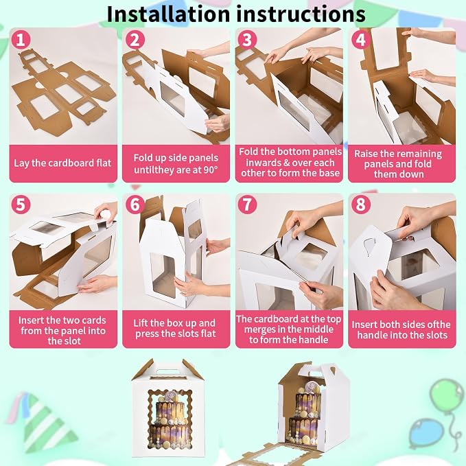 3 Pack 12in Tall Cake Boxes for Tier Cakes, 12x12x14 Inch Tiered Cake Box,Tall Cake Carrier with Window, 10in 12in Large Tierd Bakery Take Out Transport Containers with Handle