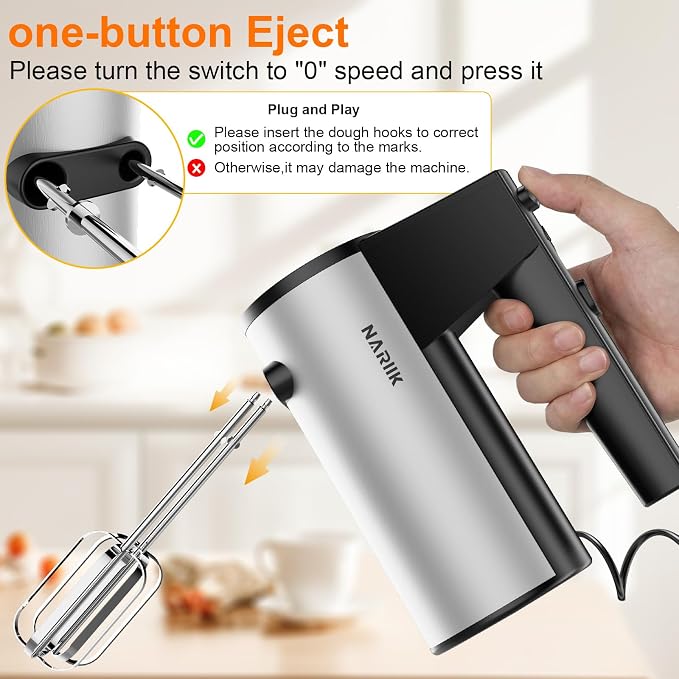 Electric Hand Mixer, 660W Kitchen Handheld Mixer 5 Speed Self Control Whisk 304 Stainless Steel One Click Eject Dishwasher Safe Mixer for Cream Cookies Dough（Black）