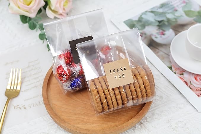 Cellophane Treat Bags Cookie Bags for Packaging Clear Gift Bag with Stickers for Cookies, Candy, Chocolates, Graduation Gift Bags(Clear, 9x4 INCH)