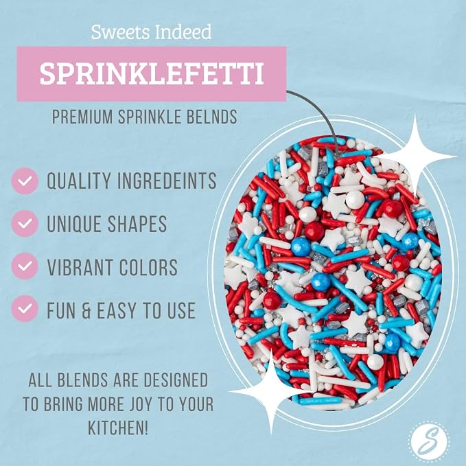 Sweets Indeed 4th of July Sprinkle Mix – Red White and Blue Patriotic Sprinkles for Baking & Decorating Cupcakes, Cookies, Cakes & Desserts – Memorial Day, Labor Day & Summer Party Topping – 4 ounces