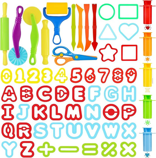 LCY WEDSHI Dough Tool Set, 62 Pcs Dough Tools Sets for Kids Ages 4-8, Dough Accessories Includes Alphabet Numbers Shapes, Cutters Roller, Rolling Pins, Safety Scissors, Plastic Knife