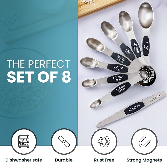 Zulay Stainless Steel Measuring Spoon Set - Stackable Magnetic Spoon Measuring Set - Magnetic Measuring Spoon Set of 8 with Leveler - Made with Strong N45 Magnets & 304 Stainless Steel - Black