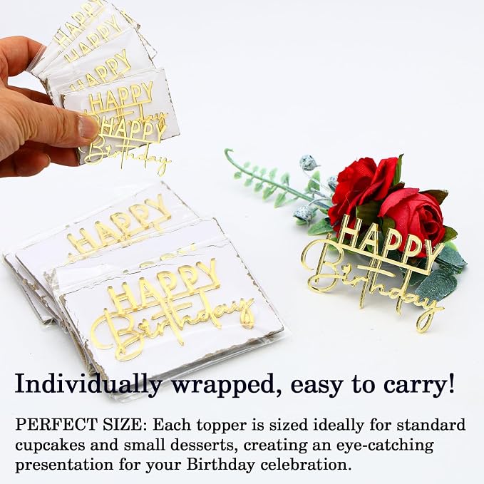 Happy Birthday Cake Topper, Gold Mirror Acrylic, 12 Pieces, Cupcake Party Decorations