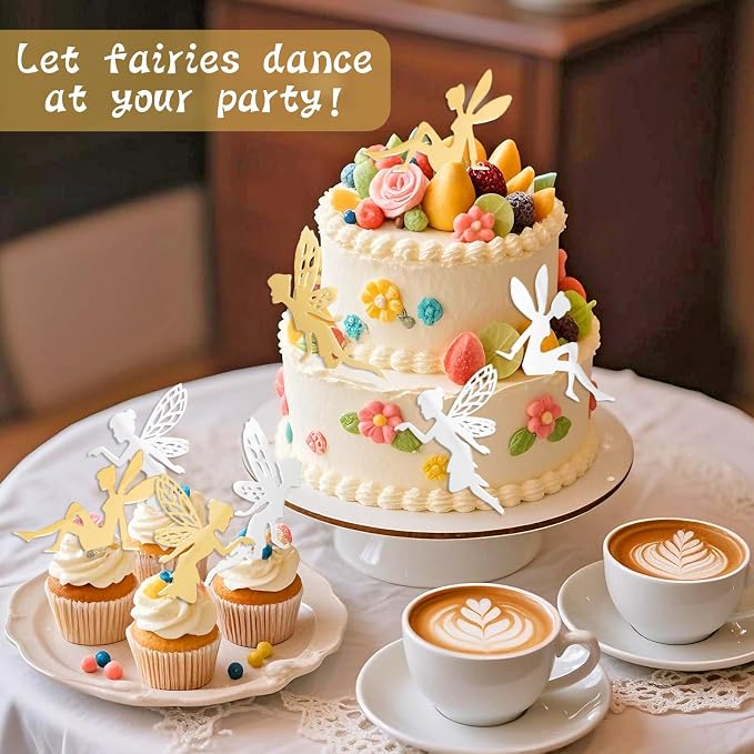 12PCS Gold Fairy Cupcake Toppers Acrylic Fairy Cake Decor for Party Decor | Mirror Design Birthday Party Supplies DIY Gifts Flower Bouquet Pastries Desserts Decor