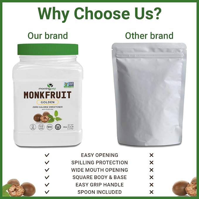 Morning Pep Monk Fruit Sweetener, golden Sugar Substitute, 5 lb, Keto Friendly, 1:1 Sugar Replacement, Zero Calorie, Non-GMO, Kosher, Golden - 5 lb