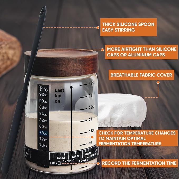 77L Sourdough Starter Jar, 35 oz Sourdough Starter Kit with Date Marker Feeding Band, Thermometer, Food-Grade Scraper, Cloth Cover and Acacia Wood Lid, Sourdough Bread Baking Supplies 2 Pack