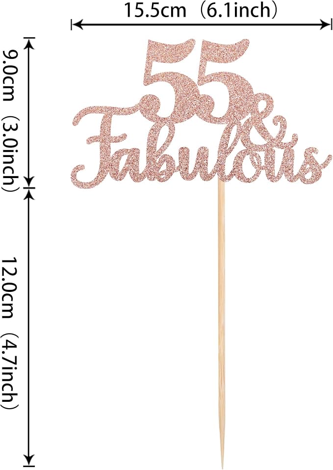 1 PCS 55 & Fabulous Cake Topper Glitter Fifty Five and Fabulous Cake Toppers Happy 55th Birthday Cake Pick for 55th Wedding Anniversary Birthday Party Cake Decorations Supplies Rose Gold