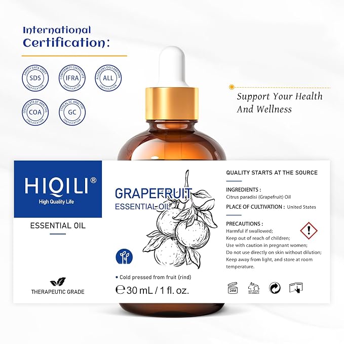 HIQILI 30 ml Grapefruit Essential Oil, for Diffuser, Skin Care - 1 Fl Oz