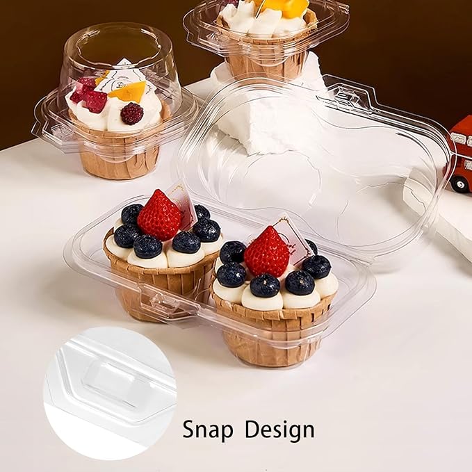 100PCS Cupcake Containers 2 Count Clear Cupcake Boxes Disposable Cupcake Holder with Lid Plastic Cupcake Containers 2 Cavity High Topping for Cupcakes Muffins Pies