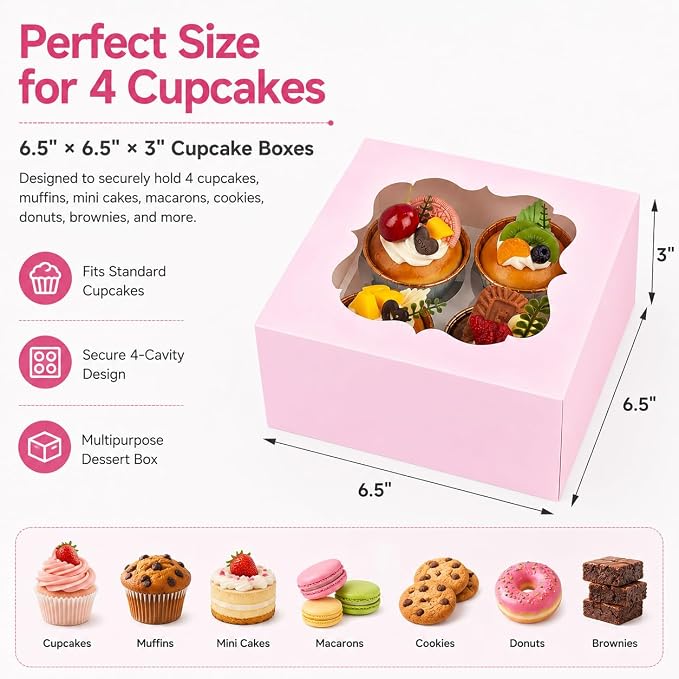 Cupcake Boxes with Window, 20 Pack 6.5x6.5x3 Inch Bakery Boxes for 4 Cupcakes, Muffins, Cookies & Pastries, Disposable Dessert Boxes with Insert Holder (Pink)