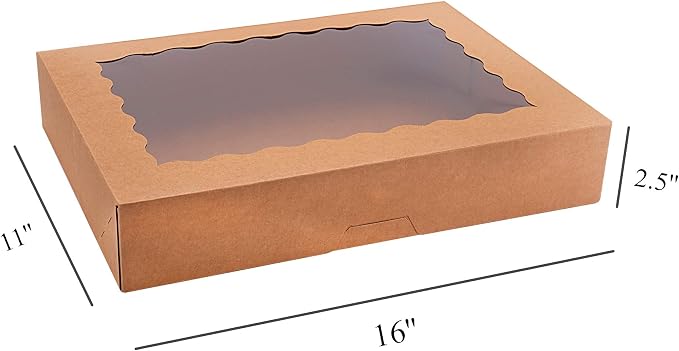 Tcoivs 20-Pack 16" x 11" x 2.5" Bakery Boxes with Window Hold 12 Donuts, Auto-Popup Large Cookie Boxes for Pies, Cakes, Muffins, and Pastries (Brown)
