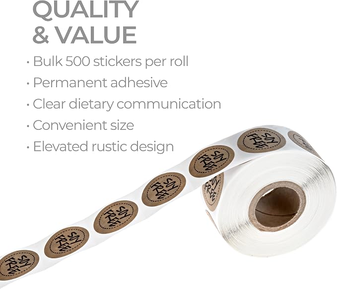 Brown Kraft Soy Free Stickers / 500 Circle Restaurant Packaging Labels / 1" Small Circle Modern Food Prep Label/Chic No Soy Food Safety Seals/Made in The USA