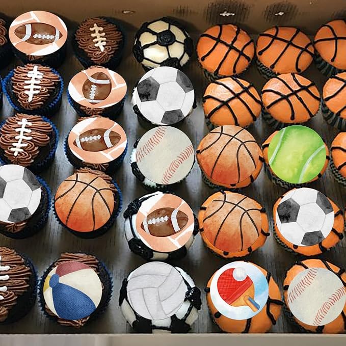 48PCS Edible Sports Cupcake Toppers Edible Basketball Soccer Baseball Tennis Rugby Cake Decorations for Sports Ball Game Theme Baby Shower Birthday Party Cake Decorations Supplies