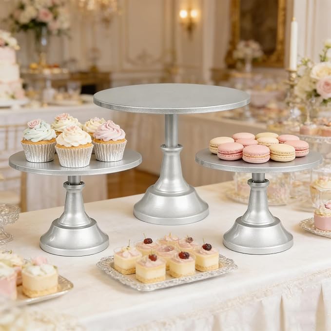 3 Pcs Cake Stand Set Metal Round Cake Holder Cupcake Stands 8/10/12 inch Silvery Dessert Display Stands Dessert Table Decorations for Birthday Parties, Baby Shower,Wedding Banquets and Anniversary