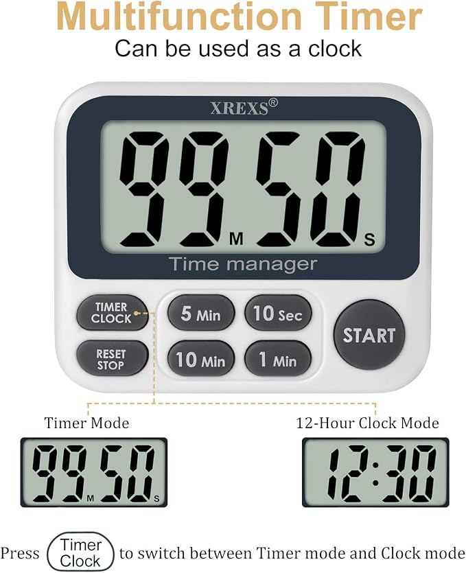 XREXS Digital Kitchen Timer, Magnetic Countdown Up Cooking Timer with Large LCD Display, Adjustable Volume, Loud Alarm & Strong Magnet for Teachers (Batteries Included)