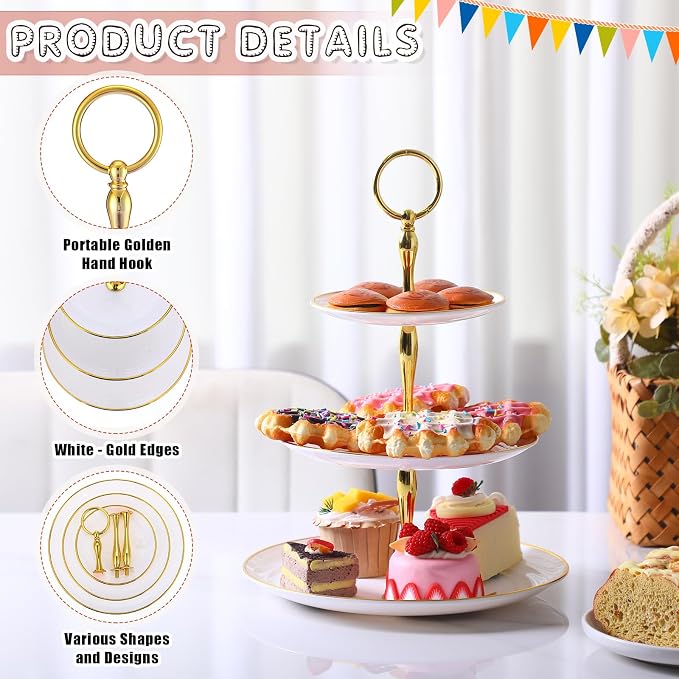 Teenyyou 8 Pack 3 Tier Cupcake Stand Bulk Tiered Dessert Stand Thick Plastic Serving Tray with Gold Edges Dessert Table Display Set Tea Cake Holder for Wedding Birthday Party(White,Round)