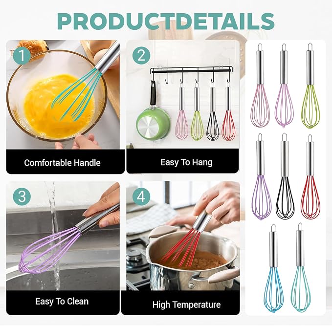 18 Pcs 8 Inch Whisks Bulk for Cooking, Silicone Whisks Non Scratch Stainless Steel Hand Whisk Large Coated Metal Heat Resistant Egg Beaters for Cooking