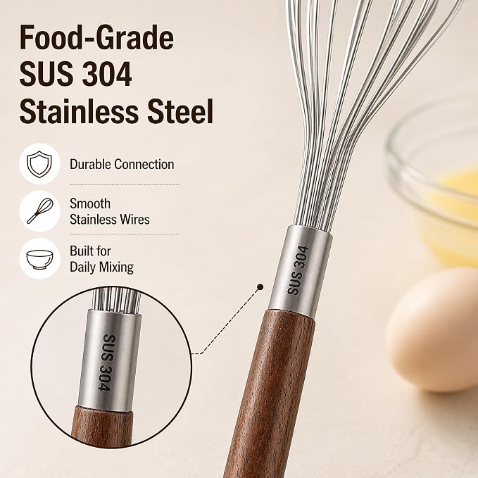 Mini Whisk 10 Inch, 304 Stainless Steel Small Wire Whisk with Walnut Wood Handle, Hand Egg Beater for Cooking, Baking, Mixing Eggs, Coffee, Sauces, Dressing and Gravy, 1 Count