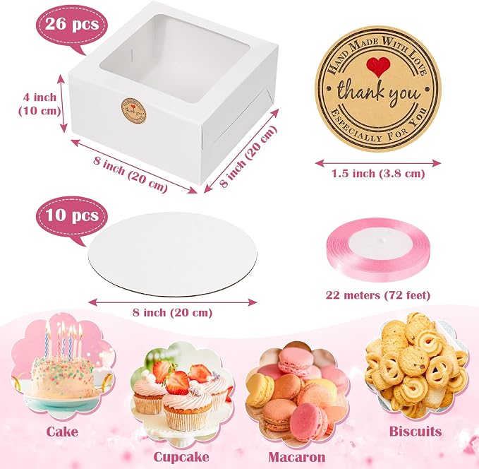 Sublaga 26pcs 8x8x4 Inches Cake Boxes White Bakery Boxes, White Bread Boxes with Windows for Pastries, Cupcakes,Cookies, Pie, Muffins and Donuts