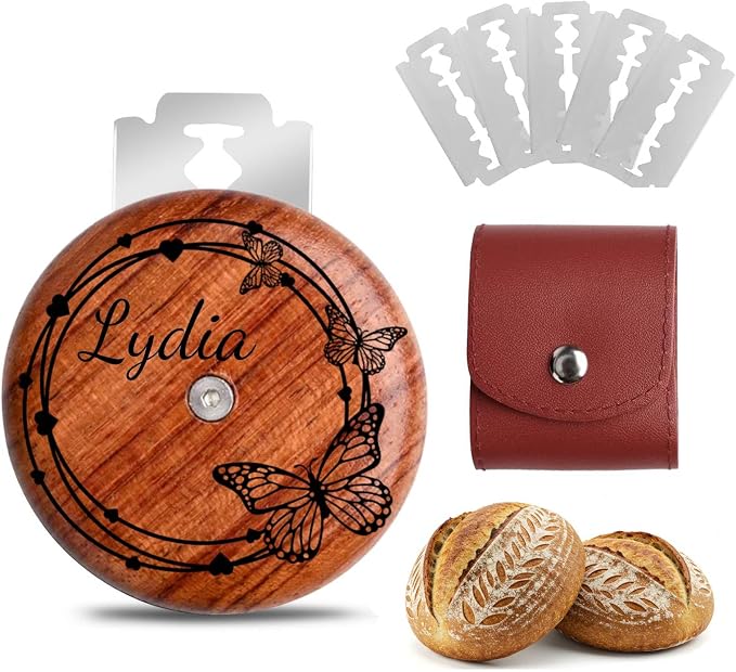 Custom Engraved UFO Bread Lame - Personalized Sourdough Scoring Tool for Artisan Bread Baking, Bread Scorer Tool Set with 5 Professional Stainless Steel Blades, Baker Gift Idea (Design C-Brown Pouch)